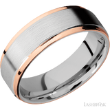 7 mm wide/Flat Grooved Edges/Cobalt Chrome band with two 1 mm Edge inlays of 14K Rose Gold.