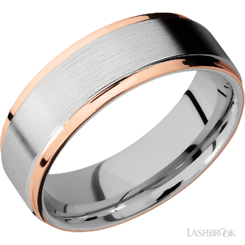 7 mm wide/Flat Grooved Edges/Cobalt Chrome band with two 1 mm Edge inlays of 14K Rose Gold.