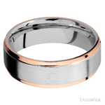7 mm wide/Flat Grooved Edges/Cobalt Chrome band with two 1 mm Edge inlays of 14K Rose Gold.