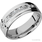 7 mm wide/Flat Grooved Edges/Cobalt Chrome band with an  arrangement of 9, .1 carat Round Diamond stones in a Channel setting.