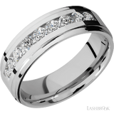 7 mm wide/Flat Grooved Edges/Cobalt Chrome band with an  arrangement of 9, .1 carat Round Diamond stones in a Channel setting.