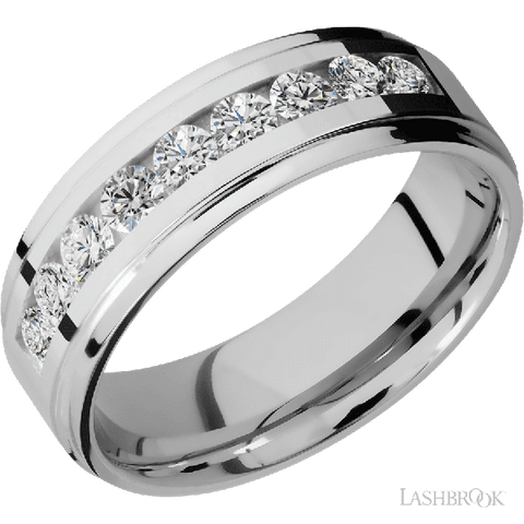 7 mm wide/Flat Grooved Edges/Cobalt Chrome band with an  arrangement of 9, .1 carat Round Diamond stones in a Channel setting.
