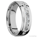 7 mm wide/Flat Grooved Edges/Cobalt Chrome band with an  arrangement of 9, .1 carat Round Diamond stones in a Channel setting.