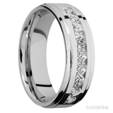 7 mm wide/Flat Grooved Edges/Cobalt Chrome band with an  arrangement of 9, .1 carat Round Diamond stones in a Channel setting.