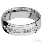 7 mm wide/Flat Grooved Edges/Cobalt Chrome band with an  arrangement of 9, .1 carat Round Diamond stones in a Channel setting.