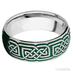 8 mm wide/Domed/Cobalt Chrome band with a laser carved Celtic 17 pattern.