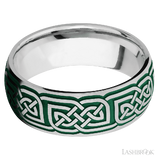 8 mm wide/Domed/Cobalt Chrome band with a laser carved Celtic 17 pattern.