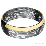 7 mm wide/Domed/Kinetic band with one 2 mm Off Center Edge inlay of 14K Yellow Gold.