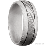 8 mm wide Domed with two accent grooves Damascus band.