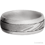 8 mm wide Domed with two accent grooves Damascus band.