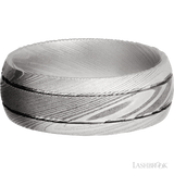 8 mm wide Domed with two accent grooves Damascus band.