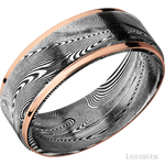 8 mm wide/Flat Grooved Edges/Tightweave band with two 1 mm Edge inlays of 14K Rose Gold.