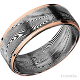 8 mm wide/Flat Grooved Edges/Tightweave band with two 1 mm Edge inlays of 14K Rose Gold.