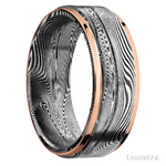 8 mm wide/Flat Grooved Edges/Tightweave band with two 1 mm Edge inlays of 14K Rose Gold.
