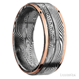 8 mm wide/Flat Grooved Edges/Tightweave band with two 1 mm Edge inlays of 14K Rose Gold.