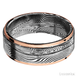 8 mm wide/Flat Grooved Edges/Tightweave band with two 1 mm Edge inlays of 14K Rose Gold.