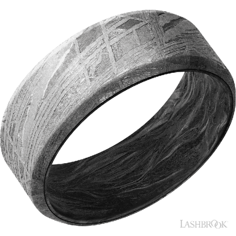 8 mm wide Beveled Meteorite band featuring a Forged Carbon Fiber sleeve.