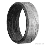 8 mm wide Beveled Meteorite band featuring a Forged Carbon Fiber sleeve.