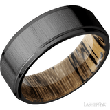 8 mm wide Flat Grooved Edges Zirconium band featuring a Spalted Tamarind sleeve.