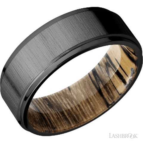 8 mm wide Flat Grooved Edges Zirconium band featuring a Spalted Tamarind sleeve.