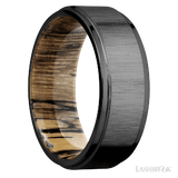 8 mm wide Flat Grooved Edges Zirconium band featuring a Spalted Tamarind sleeve.