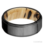 8 mm wide Flat Grooved Edges Zirconium band featuring a Spalted Tamarind sleeve.