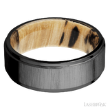 8 mm wide Flat Grooved Edges Zirconium band featuring a Spalted Tamarind sleeve.
