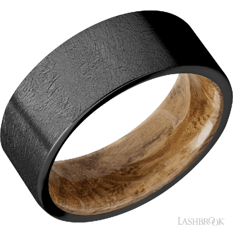 8 mm wide Flat Zirconium band featuring a Whiskey Barrel sleeve.