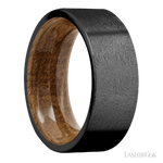 8 mm wide Flat Zirconium band featuring a Whiskey Barrel sleeve.