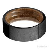 8 mm wide Flat Zirconium band featuring a Whiskey Barrel sleeve.