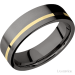 7 mm wide/Flat/Tantalum Noir band with one 1 mm Off Center inlay of 14K Yellow Gold.