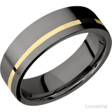 7 mm wide/Flat/Tantalum Noir band with one 1 mm Off Center inlay of 14K Yellow Gold.