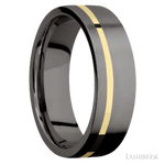 7 mm wide/Flat/Tantalum Noir band with one 1 mm Off Center inlay of 14K Yellow Gold.