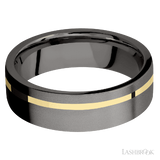 7 mm wide/Flat/Tantalum Noir band with one 1 mm Off Center inlay of 14K Yellow Gold.