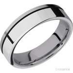 6 mm wide/Flat/Tantalum band with one 4 mm Off Center Edge inlay of Palladium Silver.