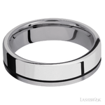 6 mm wide/Flat/Tantalum band with one 4 mm Off Center Edge inlay of Palladium Silver.