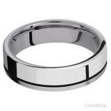 6 mm wide/Flat/Tantalum band with one 4 mm Off Center Edge inlay of Palladium Silver.