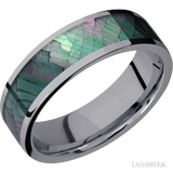 7 mm wide/Flat/Tantalum band with one 5 mm Centered inlay of Black Mother of Pearl.