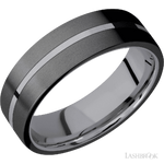 7 mm wide/Flat/Tantalum band with two 3 mm Double Off Center Edge inlays of Zirconium.