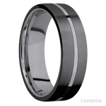 7 mm wide/Flat/Tantalum band with two 3 mm Double Off Center Edge inlays of Zirconium.