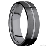 7 mm wide/Flat/Tantalum band with two 3 mm Double Off Center Edge inlays of Zirconium.