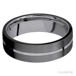 7 mm wide/Flat/Tantalum band with two 3 mm Double Off Center Edge inlays of Zirconium.