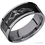 8 mm wide/Flat/Tantalum band with a laser carved Mountain 2 pattern.