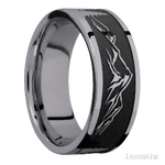 8 mm wide/Flat/Tantalum band with a laser carved Mountain 2 pattern.