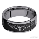 8 mm wide/Flat/Tantalum band with a laser carved Mountain 2 pattern.