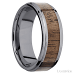 8 mm wide/Flat Grooved Edges/Tantalum band with one 5 mm Centered inlay of Walnut.