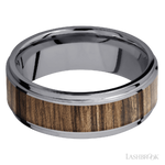 8 mm wide/Flat Grooved Edges/Tantalum band with one 5 mm Centered inlay of Walnut.