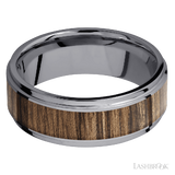 8 mm wide/Flat Grooved Edges/Tantalum band with one 5 mm Centered inlay of Walnut.