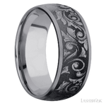 9 mm wide/Domed/Tantalum band with a laser carved Western Scroll pattern.