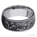 9 mm wide/Domed/Tantalum band with a laser carved Western Scroll pattern.